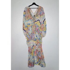 Orna Farho Paris Embellished Maxi Dress Multi-Color Abstract Draped Kaftan Sz 38
